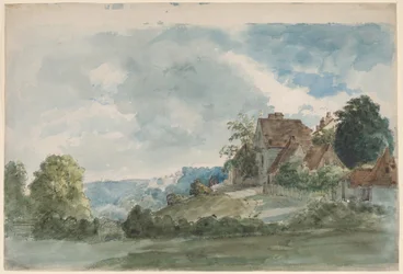 Hütten in einer weiten Landschaft