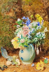 Hellblauer China-Krug mit Heidekraut und kleinen Blumen, ca. 1860