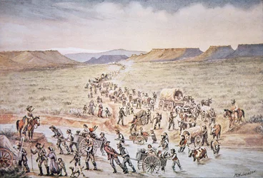 Mormonische Handkarren-Pioniere auf dem Weg nach Westen nach Utah im Jahr 1850