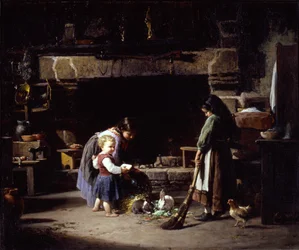 Bauernhof-Inneres: Bretonische Kinder füttern Kaninchen, 1878