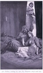 Sir Pelleas, der hineinschaut, sah Sir Gawaine sich bücken und die Dame Ettard küssen