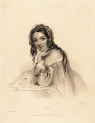 Porträt von Amy. Schönheit mit Schleier über langem Haar, Kleid mit Hermelinbesatz, hält eine Perlenkette. Stahlstich von William Henry Mote nach einer Illustration von John Hayter aus Charles Heaths English Pearls, or Portraits for th