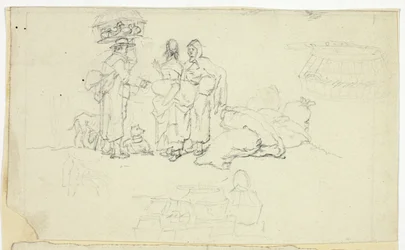 Figuren mit Marktgütern und drei Skizzen