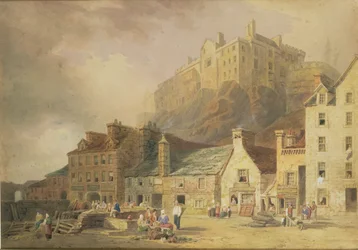 Edinburgh Castle vom Grass Market, zeigt das Little West Port, ca. 1820
