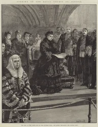 Eröffnung der Royal Courts of Justice, das Podium am Nordende der Zentralhalle, die Königin erklärt die Gerichte für eröffnet