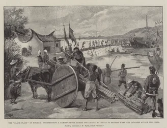 Die schwarzen Flaggen in Formosa, Bau einer Bambusbrücke über die Lagune, um sich beim Angriff der Japaner auf die Forts zurückzuziehen