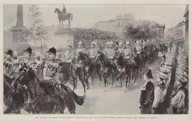 Die Kolonialprozession durchquert den Trafalgar Square, die kanadischen berittenen Truppen vor dem Premierminister von Kanada