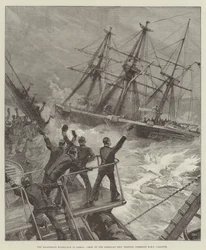 Der katastrophale Hurrikan in Samoa, Besatzung des amerikanischen Schiffes Trenton jubelt der HMS Calliope zu