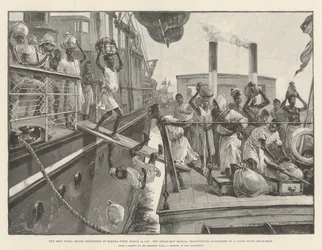 Die Emin-Pascha-Entlastungsexpedition am Banana Point, 18. März 1887, das Dampfschiff Madura überträgt Passagiere auf ein Kongofluss-Dampfschiff