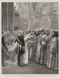 Die kaiserliche Hochzeit in St. Petersburg, die Braut empfängt Weihwasser in der Kirche St. Peter und Paul vor der Hochzeit