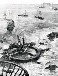Der Prinz von Wales und der Herzog von Edinburgh legen den Grundstein des neuen Eddystone-Leuchtturms, Illustration aus 