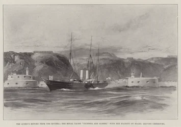 Die Rückkehr der Königin von der Riviera, die königliche Yacht Victoria und Albert, mit Ihrer Majestät an Bord, verlässt Cherbourg