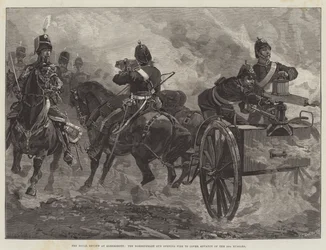 Die königliche Überprüfung in Aldershott, die Nordenfeldt-Kanone eröffnet das Feuer zur Deckung des Vormarsches der 10. Husaren