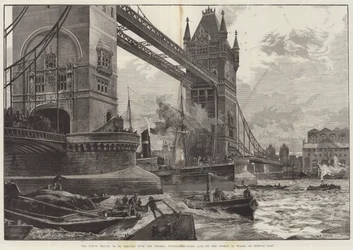 Der Tower Bridge, die über die Themse errichtet werden soll, Grundsteinlegung durch den Prinzen von Wales am letzten Montag