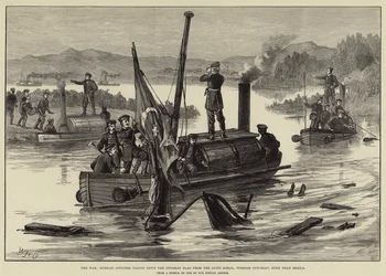 Der Krieg, russische Offiziere nehmen die osmanische Flagge von der Lutfi Djelil, türkisches Kanonenboot, das in der Nähe von Braila gesunken ist, herunter