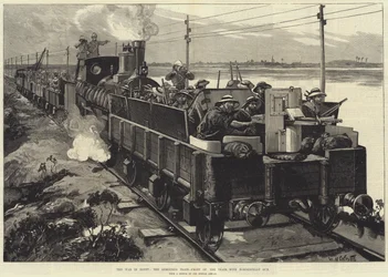 Der Krieg in Ägypten, der gepanzerte Zug, Vorderseite des Zuges, mit Nordenfeldt-Kanone