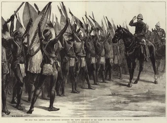 Der Zulukrieg, General Lord Chelmsford überprüft das einheimische Kontingent am Ufer des Tugela, Einheimische rufen H-H-Ooo!