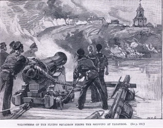 Freiwillige des Fliegenden Geschwaders feuern auf die Schiffe in Taganrog, 1855 n. Chr.