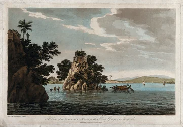 Ansicht eines isolierten Felsens im Fluss Ganges bei Jangerah