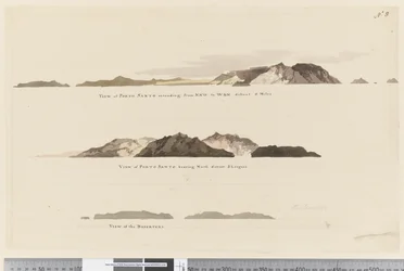 Seite 8 (a) Blick auf Porto Santo von NNW bis WBN in 5 Meilen Entfernung (b) Blick auf Porto Santo nach Norden in 2 Seemeilen Entfernung und (c) Blick auf die Deserteure