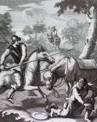 Don Quijote ergreift das Becken des Barbiers für Mambrinos Helm