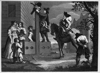 Hudibras und Ralpho führen ihren Gefangenen Crowdero zu den Pranger