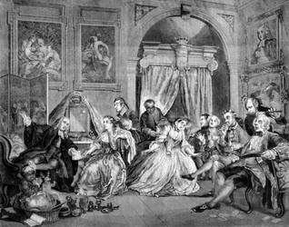 Heirat in Mode: Serie von 6 satirischen Tafeln über die Hochzeit reicher Leute. Gravur von William Hogarth (1697-1764). 1745