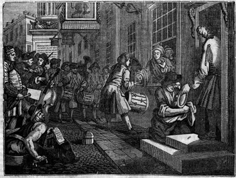 Tafel aus einer Serie von 12 Gravuren von William Hogarth (1697-1764), britischer Illustrator, betitelt „Industry and Idleness“, „Eifer und Faulheit“, erzählt die Karrieren von zwei Lehrlingen: Goodchilds Hochzeit mit der Tochter seines Meisterwebers