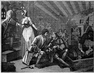 Tafel aus einer Serie von 12 Gravuren von William Hogarth (1697-1764), britischer Illustrator, betitelt „Industry and Idleness“, „Eifer und Faulheit“, erzählt die Karrieren von zwei Lehrlingen: Thomas Idle, schuldig seiner Laster, wurde in einer Taverne ve