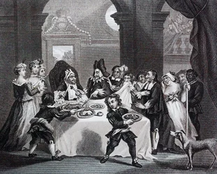 Sancho beim Festmahl, ausgehungert von seinem Arzt von William Hogarth
