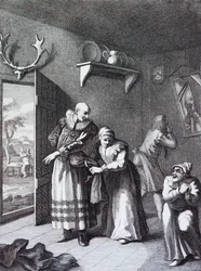 Der Pfarrer und der Barbier verkleiden sich, um Don Quijote nach Hause zu bringen von William Hogarth