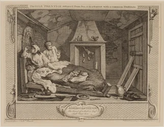 Der faule Lehrling kehrt von der See zurück und ist in einer Dachkammer mit einer gewöhnlichen Prostituierten, aus der Serie "Fleiß und Faulheit", Oktober 1747