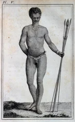 Khoikhoi-Mann (Hottentotte), aus Reisen von Le Vaillant ins Innere Afrikas über das Kap der Guten Hoffnung, in den Jahren 1783