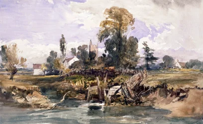 Landschaft mit einer Kirche und einem Haus