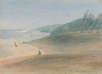 Mauritius - ein Kind beobachtet seine Mutter, die in der Nähe des Meeres spaziert, vermutlich Mrs. Chamberlayne und eines ihrer Kinder