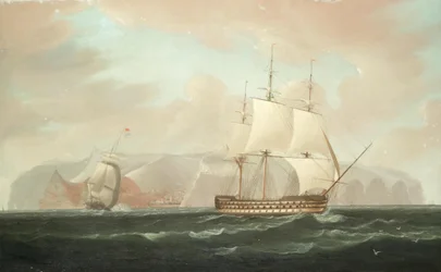 Ein dreideckiges Linienschiff entfernt sich von Jamestown, St. Helena, mit seiner begleitenden Fregatte, die einen Abschiedsgruß abfeuert