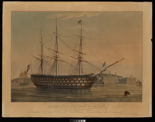 Dieser nationale Kupferstich von W. Read nach einem Originalgemälde von Huggins zeigt das Schiff Ihrer Majestät Howe mit 120 Kanonen sowie einen Blick auf das Greenwich Hospital und das Observatorium usw.
