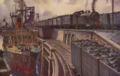 Ein Kohlezug gezogen von einer 4-4-2-Tenderlokomotive (Farblithografie)