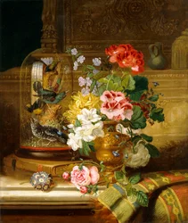 Eine Vase mit verschiedenen Blumen und Singvögeln auf einem Sims, 1867