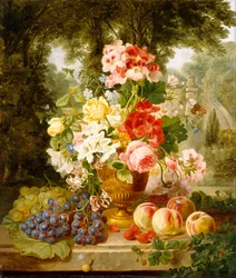 Eine Vase mit Sommerblumen und Früchten auf einem Sims in einer Landschaft, 1867