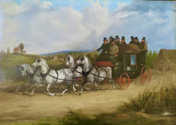 Die London nach Brighton Postkutsche gezogen von einem Team grauer Pferde