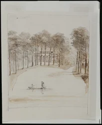 Vogelhaus in Chiswick; Teich mit einem Paar in einem Boot, die Frau angelt (Feder und braune Waschung über Bleistift auf Papier)