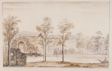 Chiswick, Entwurf für einen rustikalen Wasserfall und eine Brücke gegen die Terrasse (Feder und Tinte und Waschung über Bleistift auf Papier)