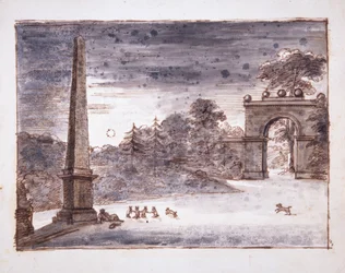 Chiswick, das Burlington Lane Tor und der Obelisk im Mondlicht mit Kent, der am Obelisk träumt, und spielenden Kaninchen, ca. 1732 (Feder und Tinte und Waschung auf Papier)