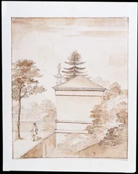 Chiswick, Ansicht der Seite des Hirschhauses vom inneren Damm des Hirschgeheges aus mit einem Blick auf die dorische Säule (Feder & Tinte auf Papier)