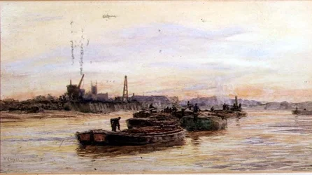 Lastkähne bei Sonnenuntergang