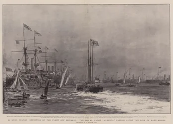 Li Hung Changs Inspektion der Flotte vor Spithead, die königliche Yacht Alberta passiert die Schlachtschiffe