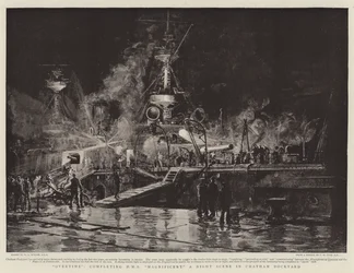 Überstunden, Fertigstellung der HMS Magnificent, eine Nachtszene in der Werft von Chatham