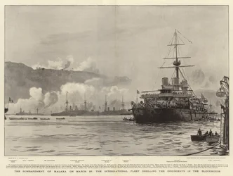 Die Bombardierung von Malaxa am 23. März, die internationale Flotte beschießt die Aufständischen im Blockhaus