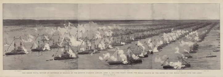 Die große Marineparade in Spithead zu Ehren des Diamantenen Jubiläums der Königin, 26. Juni 1897, die Flotte feuert den königlichen Salut beim Einlaufen der königlichen Yacht in die Linien